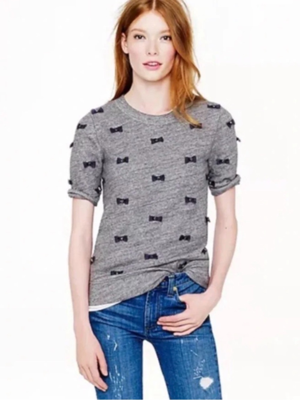 J. Crew Mini Bows Short Sleeve Sweatshirt. Grey with Blue Bows. Size S
